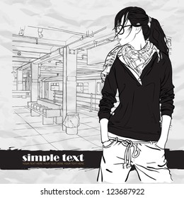 Black and white vector illustration of the pretty girl at  subway station.  Place for your text.
