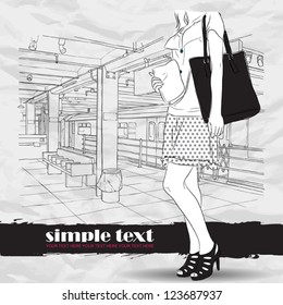 Black and white vector illustration of the pretty girl at  subway station.  Place for your text.