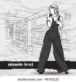 Black and white vector illustration of the pretty girl at  subway station.  Place for your text.