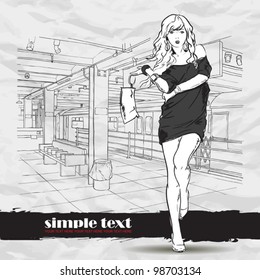 Black and white vector illustration of the pretty girl at  subway station.  Place for your text.