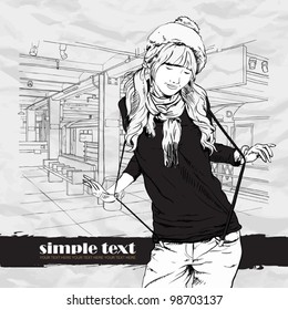 Black and white vector illustration of the pretty girl at  subway station.  Place for your text.