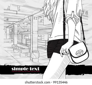 Black and white vector illustration of the pretty girl at  subway station.  Place for your text.