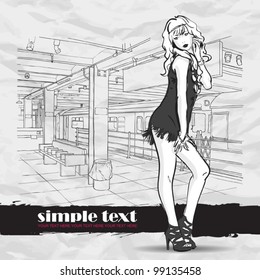 Black and white vector illustration of the pretty girl at  subway station.  Place for your text.