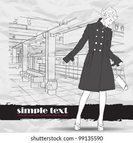 Black and white vector illustration of the pretty autumnal girl at  subway station.  Place for your text.