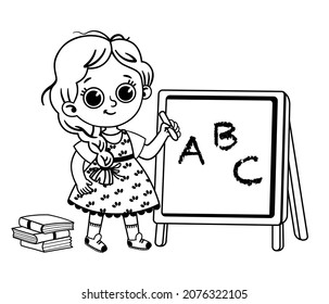 Black and white vector illustration of primary school student in front of blackboard.