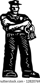 Black and white vector illustration of prison guard or jailer