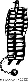 Black and white vector illustration of prisoner wearing ball and chain