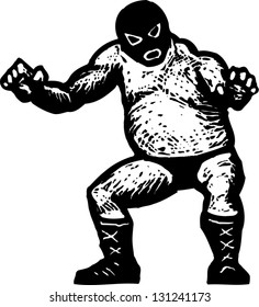 Black and white vector illustration of professional wrestler