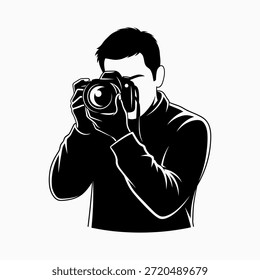 Uma ilustração vetorial em preto e branco de um fotógrafo profissional do sexo masculino segurando uma câmera DSLR, pronto para capturar o momento. Ideal para conceitos fotográficos, mídia e projetos criativos.