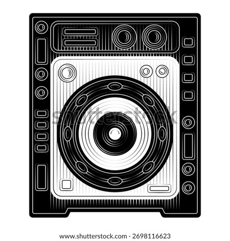 Black and white vector illustration of professional audio speaker CDJ media player unit detailed vintage woodcut engraving style for music events DJ equipment audio gear