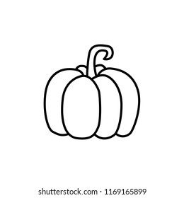 Black & white vector illustration of pumpkin vegetable. Line icon of fresh organic winter squash veggie. Vegan & vegetarian food. Health eating ingredient. Isolated object on white background. 
