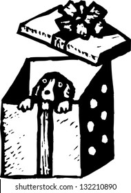 Black and white vector illustration of puppy in gift box
