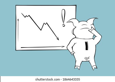 Black and white vector illustration of puzzled  piggy bank looks at the going down chart