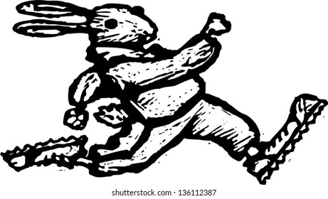 Black and white vector illustration of a rabbit running