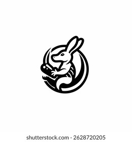 Black and white vector illustration of rabbits in a circular sitting position, tribal or tattoo style with bold lines and artistic geometric shapes, giving a strong and masculine impression. 