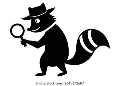 Ilustração de vetor preto e branco de um guaxinim usando um chapéu segurando uma lupa Sua cauda tem listras brancas