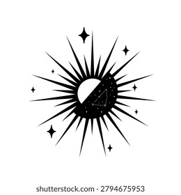 Black and white vector illustration of a radiant sun circle with crescent moon, constellation, and stars. Mystical celestial design for tattoo, print, or poster.