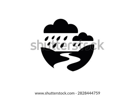 Black and white vector illustration of rainy day in countryside. Stylized clouds over river valley and hills. Clean environmental symbol for climate and sustainability communications.