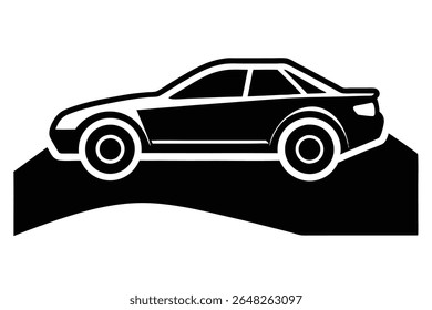 Black and white vector illustration of a rally car silhouette positioned on a black hill against a white background. The style is simple and minimal.