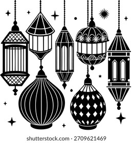 Ilustración vectorial en blanco y negro de faroles de ramadán