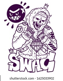 Black and white vector illustration. Rapper in fur coat with gold chain on neck. Skeleton with crown on head. Gangster in an alpaca coat. Swag guy in sheepskin coat. Print for merch. T shirt design