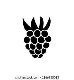 Black & white vector illustration of raspberry. Flat icon of fresh berry with leaves. Vegan & vegetarian food. Health eating fruit ingredient. Isolated object on white background. 