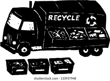Black and white vector illustration of recycle bins and truck