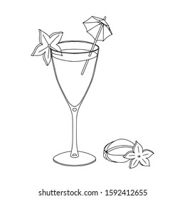 Black and White vector illustration. Red cocktail with carambola. element for menu design. Hand-drawn. object is isolated on a white background