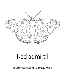 Black and white vector illustration of a Red Admiral butterfly (Vanessa atalanta). Detailed hand-drawn outline for coloring books, nature studies, and educational materials.