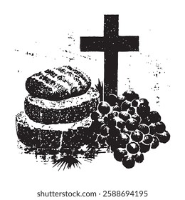 black and white vector illustration of religious symbols, including bread, grapes, and a cross, representing the Eucharist. Ideal for Christian designs, prints, and liturgical materials.