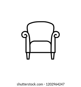 Black & white vector illustration of retro style armchair with high back. Line icon of vintage arm chair seat. Upholstery furniture for living room & bedroom. Isolated object on white background 