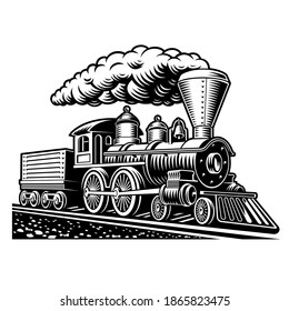 A black and white vector illustration of a retro train isolated on white background