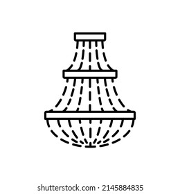 Schwarz-Weiß-Vektorgrafik von Retro-Kristallglas-Kronleuchter. Liniensymbol der Vintage-Anhänger Deckenleuchte. Luxushüttenlampe. Einziger Gegenstand auf weißem Hintergrund 