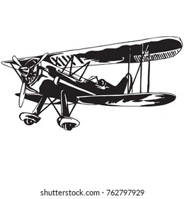 Black and white vector illustration of retro plane