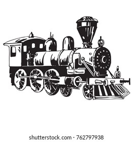Black and white vector illustration of retro train 