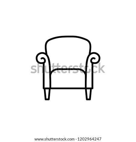 Black & white vector illustration of retro style armchair with high back. Line icon of vintage arm chair seat. Upholstery furniture for living room & bedroom. Isolated object on white background 