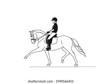 Black and white vector illustration. A rider riding a spanish horse