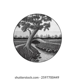 Black and white vector illustration of river landscape, River bank with bridge and trees.