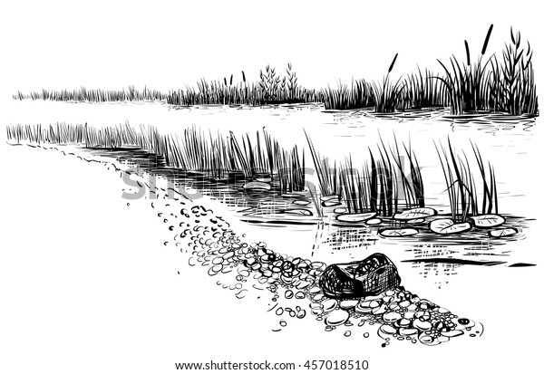 アニメ画像について 綺麗な池 イラスト 白黒