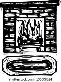 Black and white vector illustration of roaring fire in fireplace