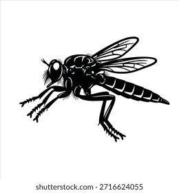 Ilustración vectorial en blanco y negro de una mosca ladrona, mostrando su cuerpo esbelto y ojos Grandes. Silueta gráfica de insecto depredador sobre fondo blanco.