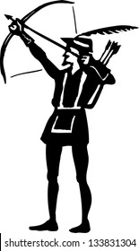 Black And White Vector Illustration Of Robin Hood Shooting An Arrow