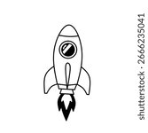 Black and white vector illustration of a rocket ship launching into space, isolated on white background, ideal for science, space travel, and exploration projects