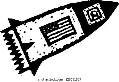 Black and white vector illustration of a rocket ship