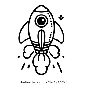 Black and white vector illustration of a rocket launching into space. Hand-drawn cartoon style, perfect for kids' designs, coloring books, educational materials, science projects, and space-themed con