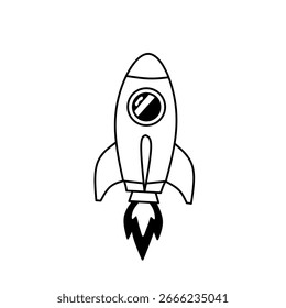 Schwarz-weiße Vektorgrafik eines Raketenschiffes, das ins All startet, einzeln auf weißem Hintergrund, ideal für Wissenschaft, Raumfahrt und Explorationsprojekte