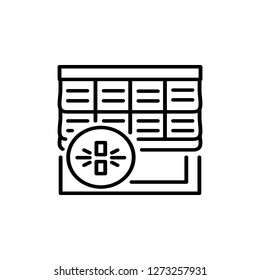 Black & white vector illustration of roman wood curtain shutter. Line icon of window horizontal wooden jalousie. Isolated object on white background