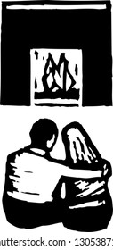 Black and white vector illustration of romantic couple sitting in front of the fireplace