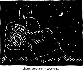 Black and white vector illustration of romantic couple under the moonlight