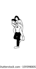 black and white vector illustration of  romantic couple in love man piggyback woman have fun